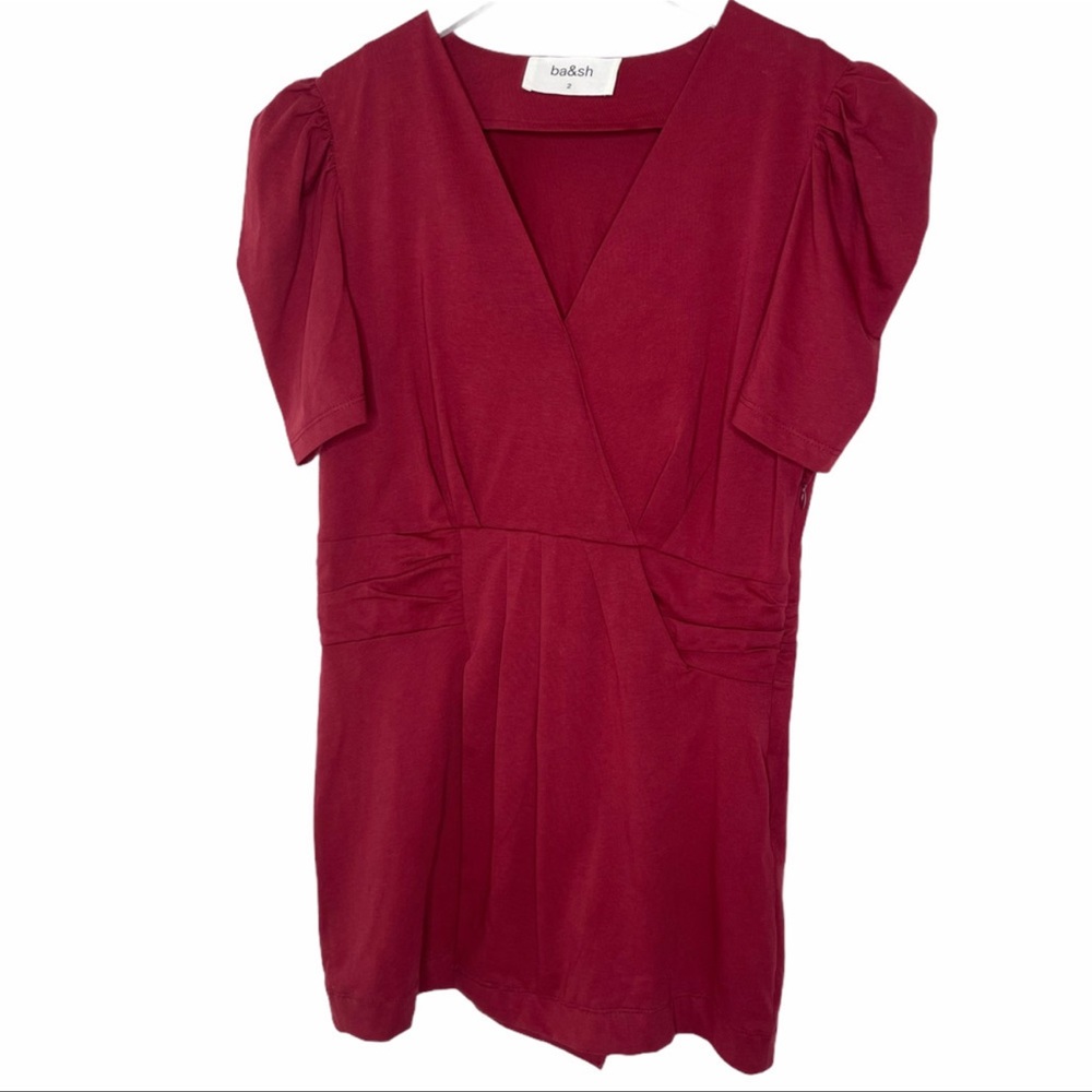 ba&sh V Neck Faux Wrap Puff Sleeve Pleated Blouse